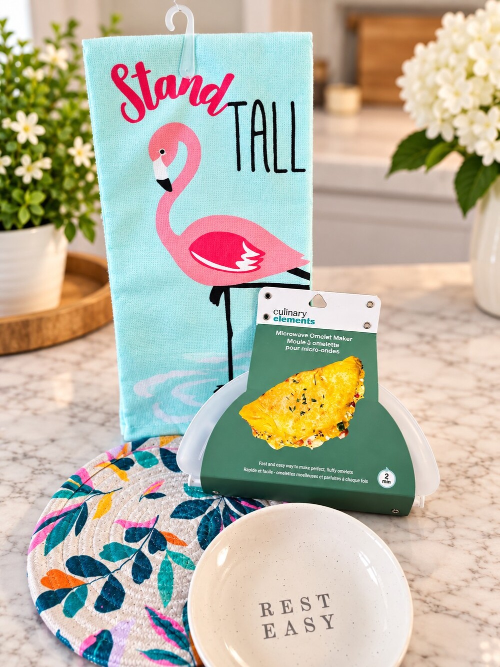 Tropical Flamingo Kitchen Gift Bundle Towel Omelet Maker Trivet Dish